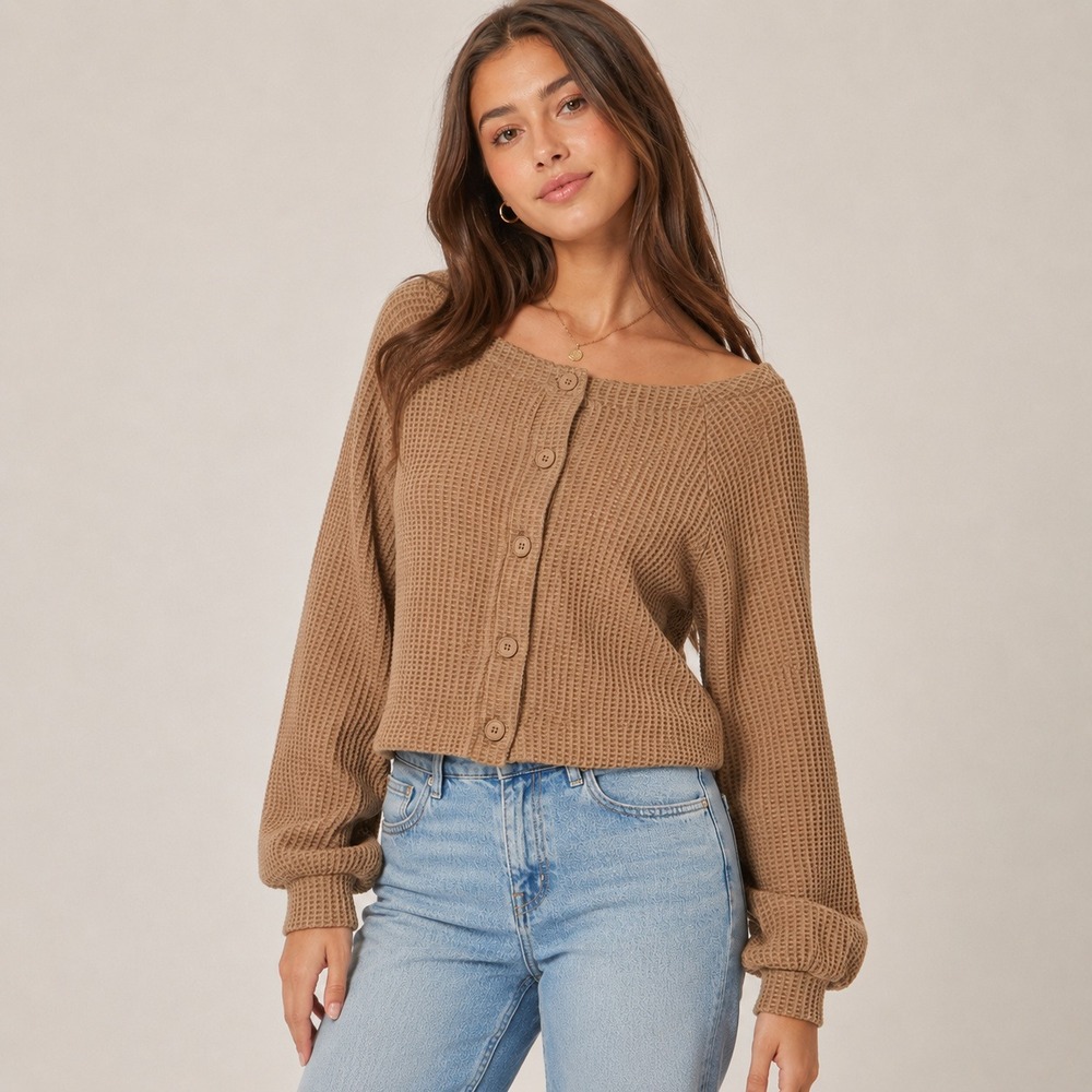 Princess Polly Camila Brown Waffle Knit Cropped Cardigan Balloon Sleeve US 0 NEW
